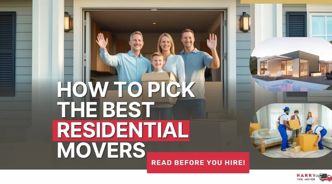 Family holding moving boxes in front of new home; tips for hiring residential movers.