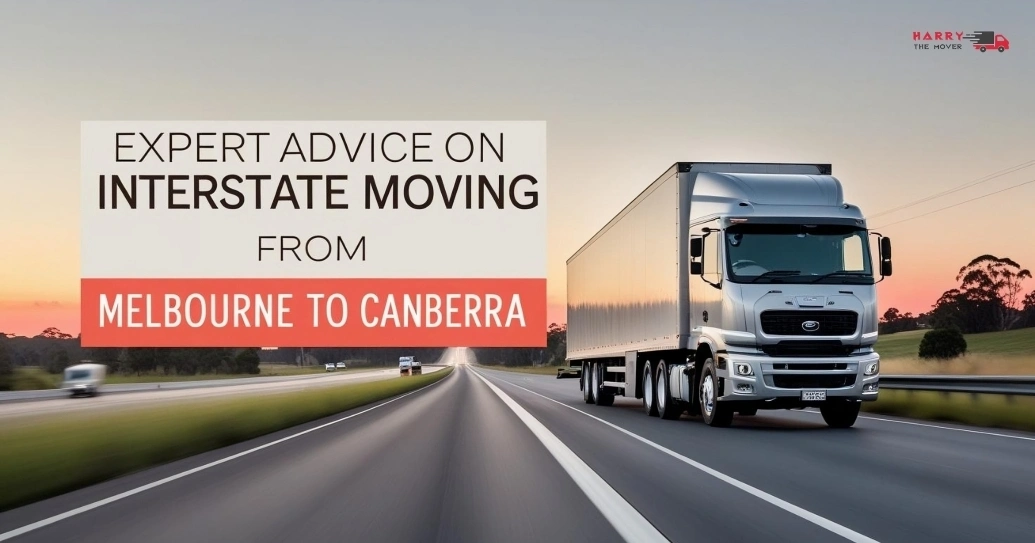 Expert interstate moving tips with truck on highway from Melbourne to Canberra at sunset.