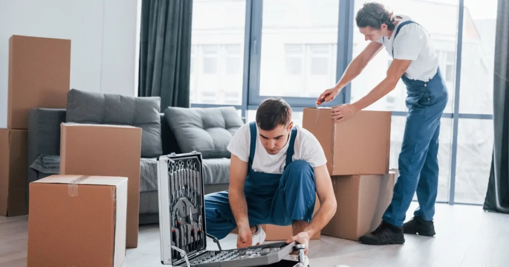 Professional movers packing boxes and preparing furniture for relocation in Melbourne.