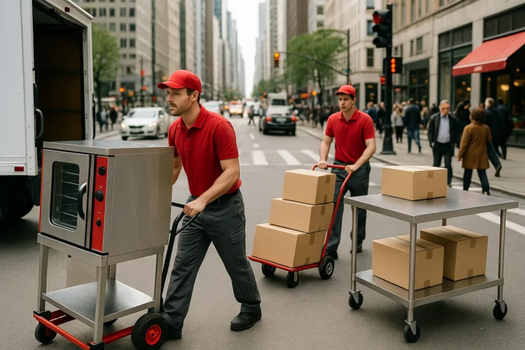 Movers in red uniforms transporting boxes and oven through busy city street during relocation.