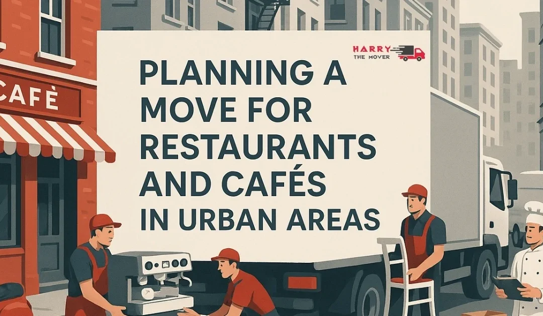 Illustration of movers loading café equipment into truck with sign about planning urban relocations.