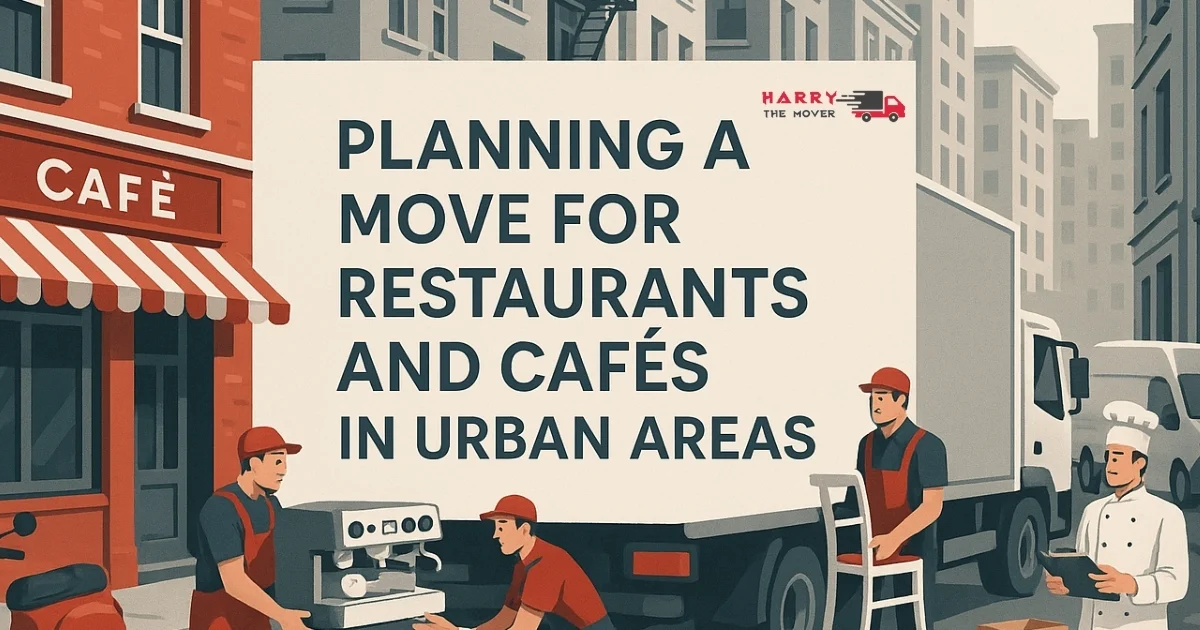 Illustration of movers loading café equipment into truck with sign about planning urban relocations.