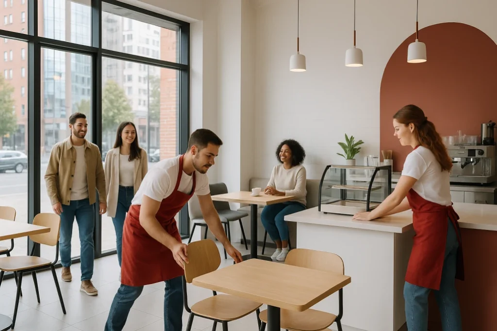Staff preparing café tables as smiling customers enter, symbolizing reopening and beyond.