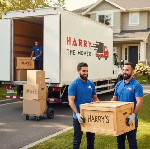 Harry the Mover team carefully handling a wooden box in Adelaide, demonstrating unmatched experience and proven reliability for furniture removals, office relocations, and packing services.