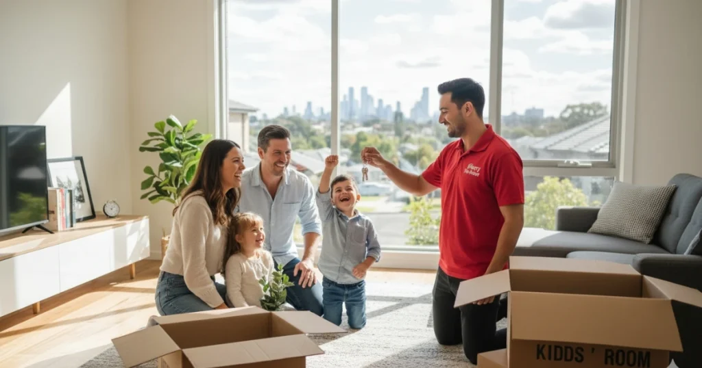 Happy family unpacking in a new Melbourne home, or mover handing over keys.