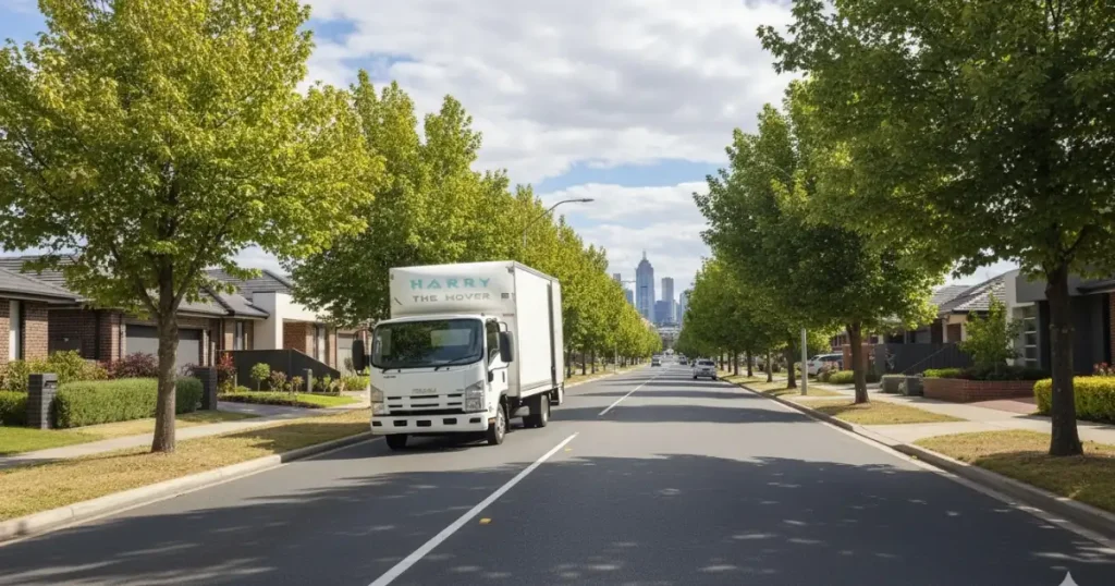 Harry The Mover truck navigating Melbourne roads efficiently.
