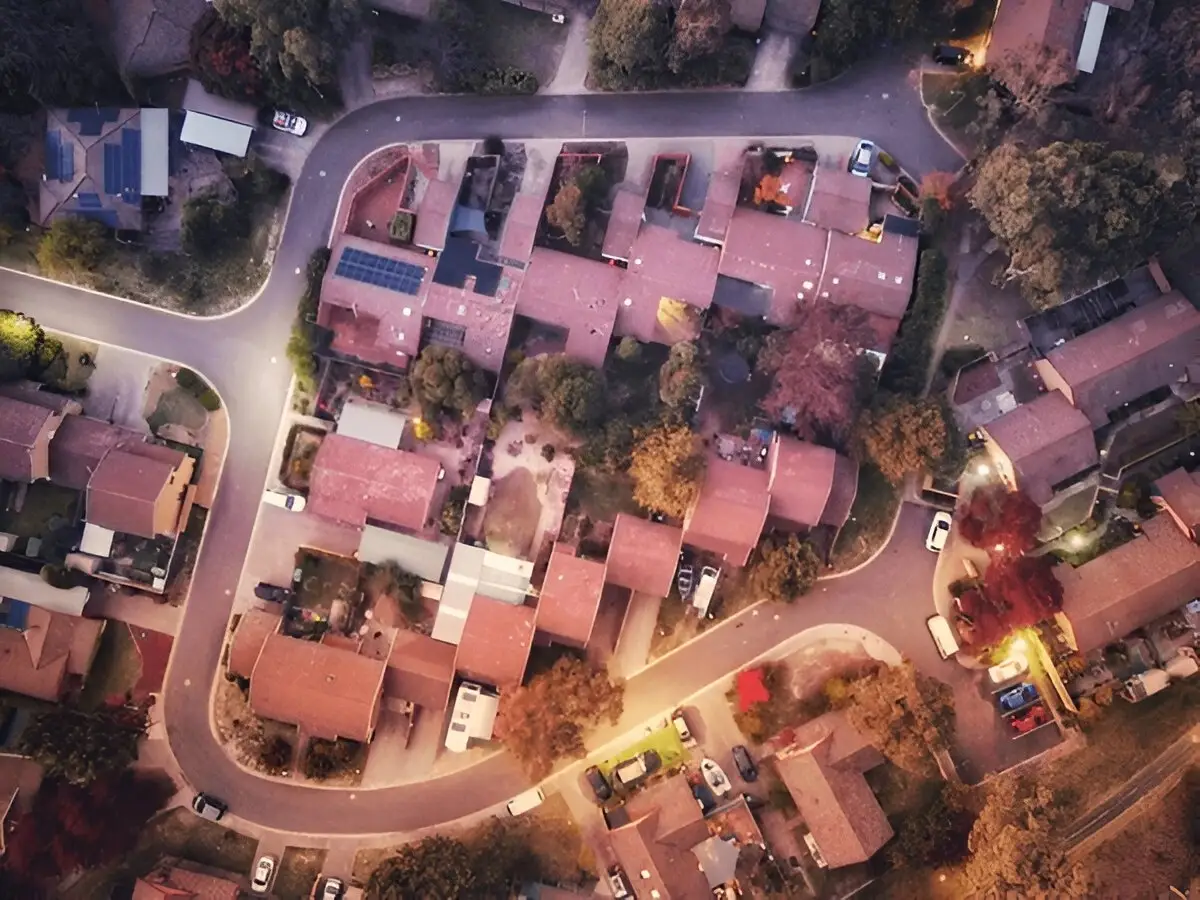 Removalists Canberra 2 Aerial view of suburban neighborhood with houses, roads, and trees during evening light.