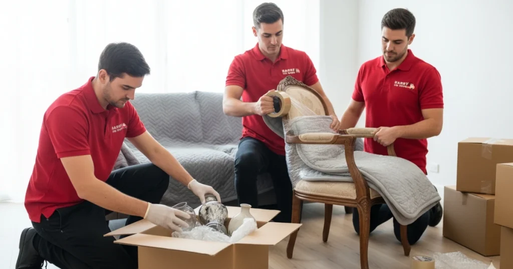 Team of professional movers packing furniture or wrapping fragile items carefully.