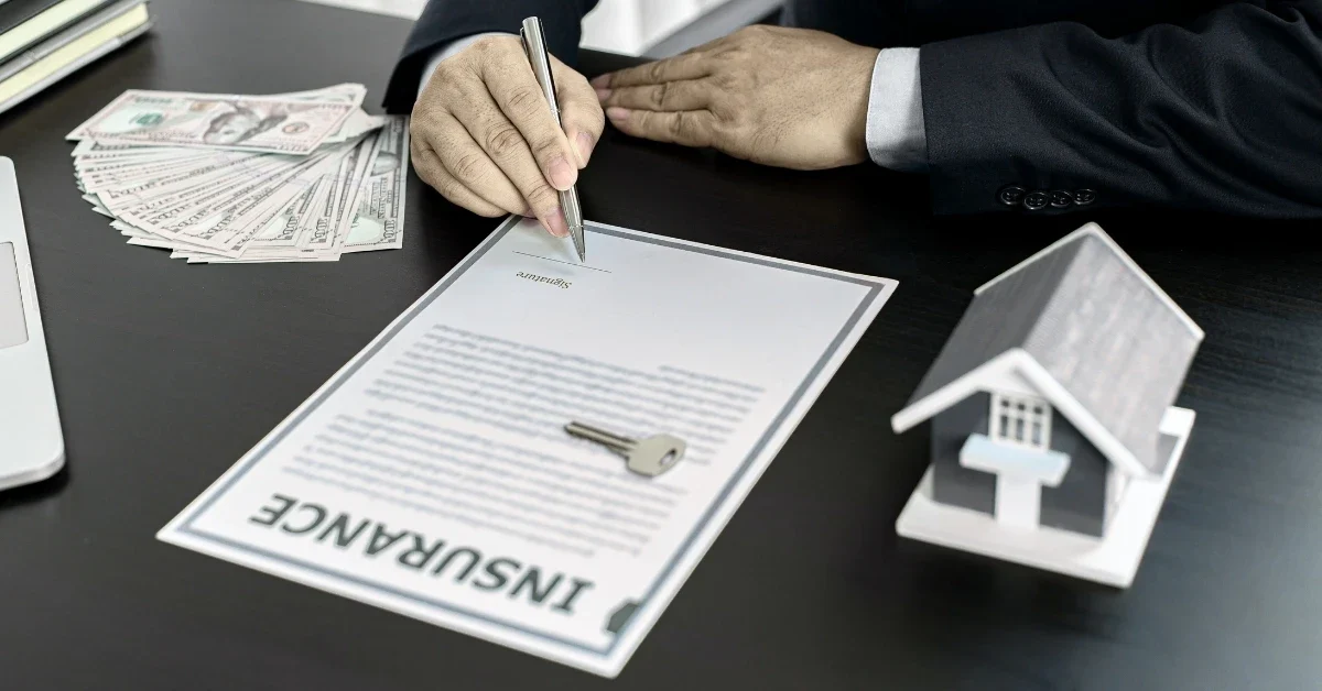 Man signing "insurance" document, money & house model.