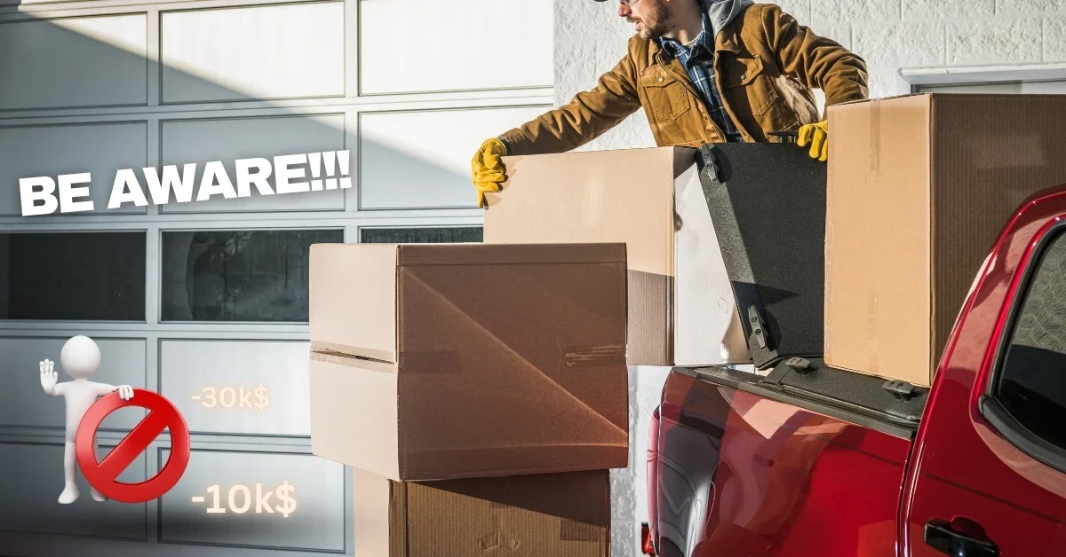 Man loading moving boxes onto truck, "BE AWARE!!!" and money signs.