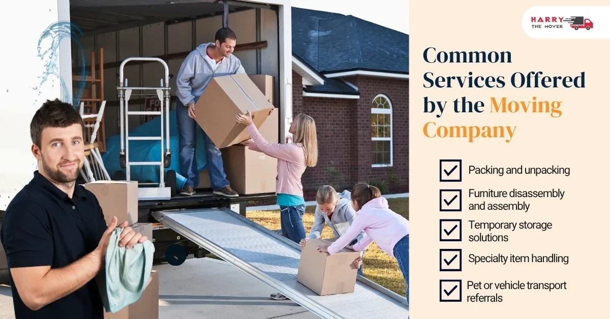 Movers helping a family load boxes into a truck, showing services offered by a moving company.