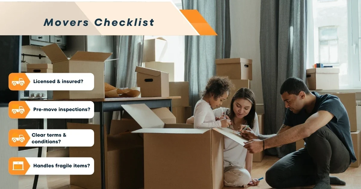 Family packing boxes at home with a movers checklist showing key points for a safe house move.