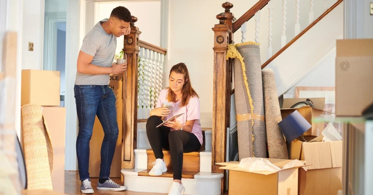 Couple in a home surrounded by moving boxes and rolled rugs.